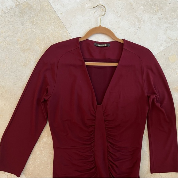 Roberto Cavalli V Neck Burgundy Gathered Accents Midi Sheath Dress - Picture 6 of 11